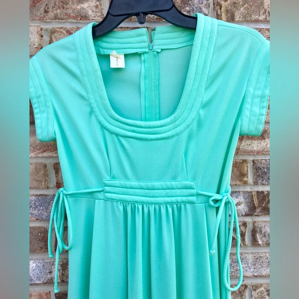 True 1970s Vintage Bridgerton Regency Cottagecore Mint Green Maxi Dress - Picture 7 of 12